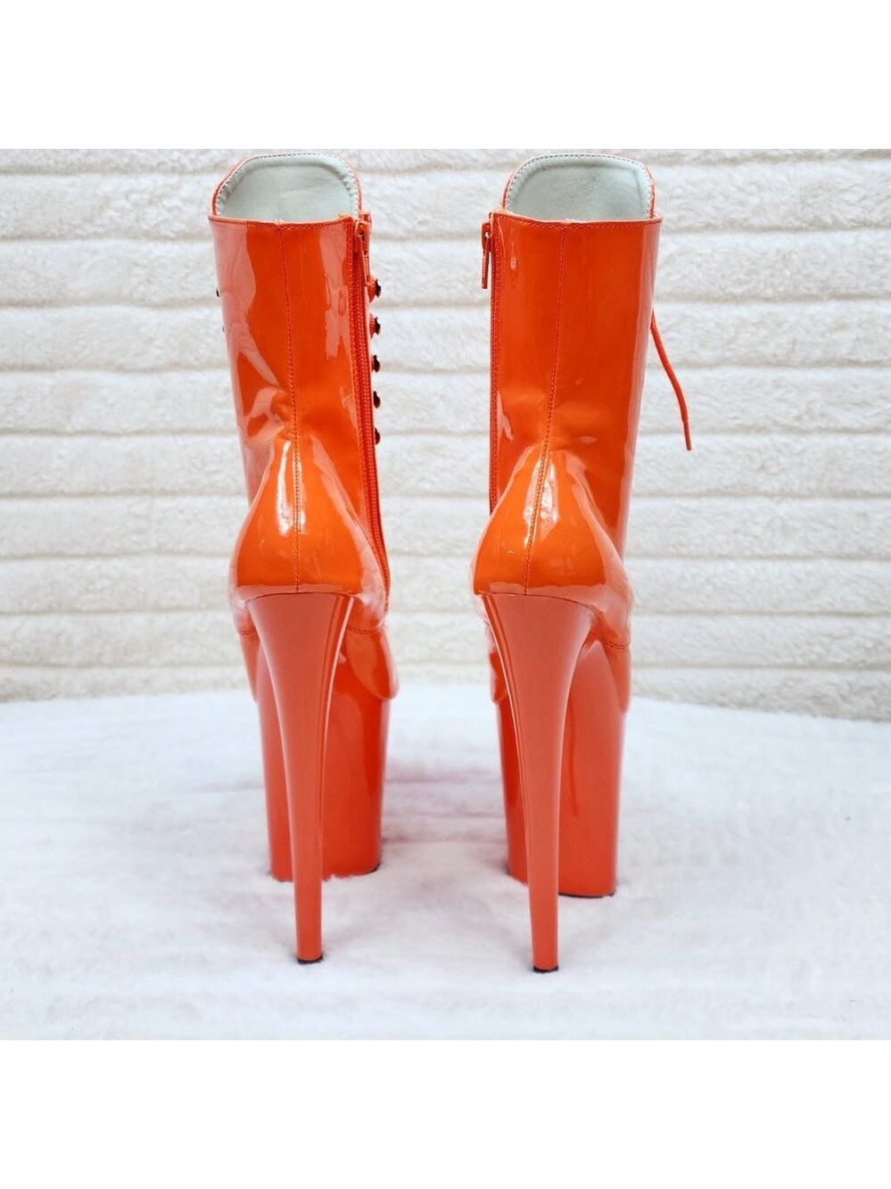 Flamingo Bright Orange Patent Towering 8" High Heel Platform Ankle Boots - Picture 4 of 11